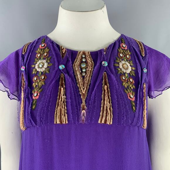 MATTHEW WILLIAMSON Size 10 Purple Gold Silk Embroidered Sleeveless Dress - Picture 2 of 11